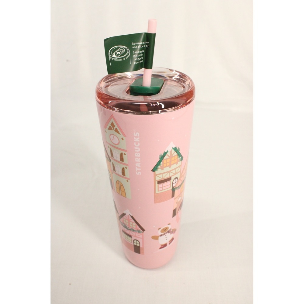 Starbucks Tumbler 2023 Holiday Village Pink Stainless Steel 24oz Straw Christmas